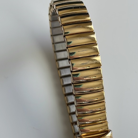Vintage CM brand quartz elastic stretch band watch in gold tone metal and steel - Picture 3 of 5